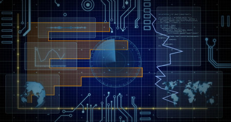 Displaying central radar graphic scanning high-tech interface with orange panels, circuit traces. Futuristic, digital, interface, technology, data, analytics, visualizationの写真素材