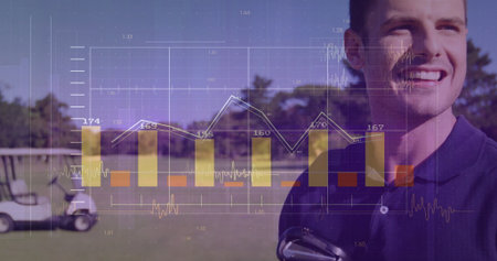 Smiling man holding golf club standing on fairway, with golf cart and chart overlay, copy space....