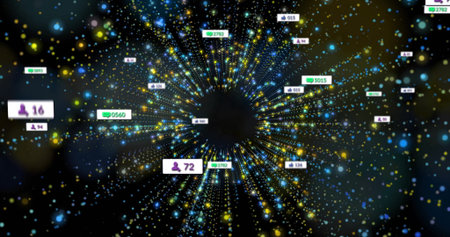 Converging data points and metric labels forming digital vortex in virtual space, streaming metrics....