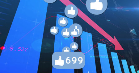 Floating thumbs-up icons displaying 699 label on screen with blue bar chart and red downtrend arrow. Analytics, data, visualization, dashboard, digital, metrics, performanceの写真素材