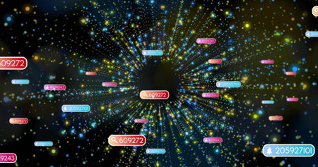 Floating red tag displaying number and magnifier icon in data network with data nodes, radial lines....