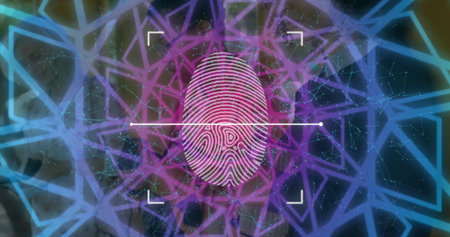 Intersecting fingerprint icon with horizontal scan line in security interface, with data nodes....