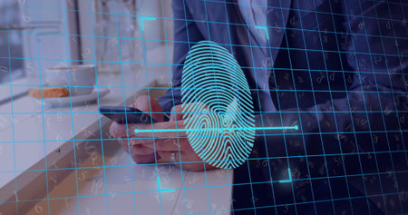 Chinese man touching smartphone screen while sitting at window counter, with fingerprint overlay. Technology, cybersecurity, digital, professional, modern, innovation, businessの写真素材