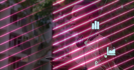 Holding smartphone, woman wearing headphones on city sidewalk, with fintech icons and neon streaks....
