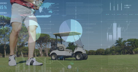Positioning golfer swinging club at ball on tee on fairway wearing red shirt, with data overlays. Athletic, precision, modern, outdoor, analytics, sport, leisureの写真素材