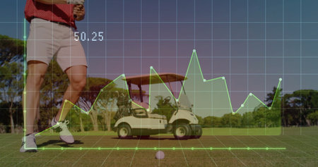 Golfer in golf attire holding smartphone beside golf cart on fairway, showing overlay, copy space. Sports, leisure, outdoor, activity, fitness, recreation, technologyの写真素材