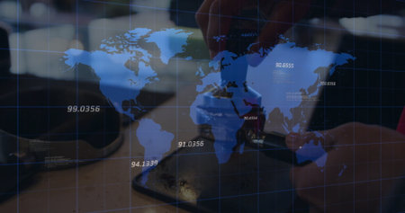 Holding soldering iron technician hands soldering circuit board on repair bench, world map overlay....