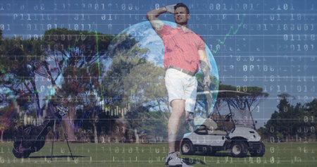 Golfer in red polo shielding eyes and scanning fairway, with golf club, bag, cart, digital overlays. Athlete, sports, leisure, outdoor, technology, innovation, precisionの写真素材