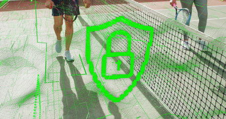 Displaying green shield icon with padlock covering tennis match on hard court, with circuit overlay....