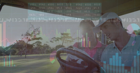 Riding golf cart, two friends wearing polos checking metrics on sunset fairway, with data overlays....