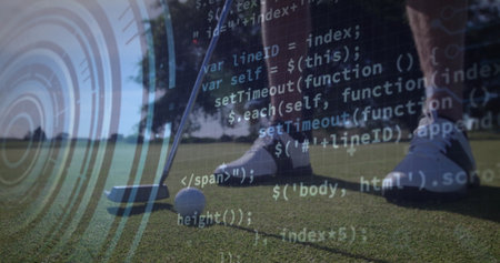 Positioning golfer's lower legs over golf ball on putting green, with putter head and code overlay....