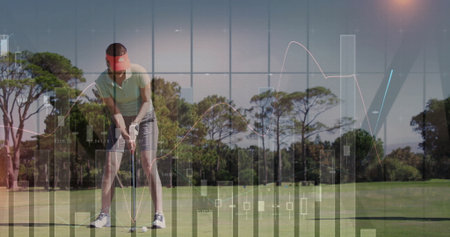 Positioning female golfer placing golf club near golf ball on fairway, showing bar charts overlay. Athletic, leisure, modern, nature, precision, outdoor, wellnessの写真素材