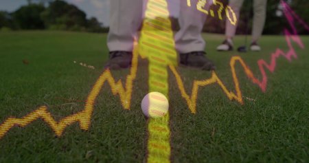Displaying golf ball resting on trimmed green at golf course fairway, with digital chart overlay. Sport, leisure, outdoor, analytics, teamwork, elegance, fitnessの写真素材