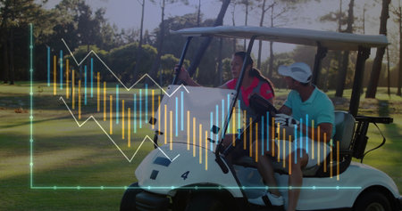 Driving friends gripping wheel and holding club in white golf cart on fairway, with data charts. Sports, recreation, leisure, outdoor, teamwork, vibrant, lifestyleの写真素材