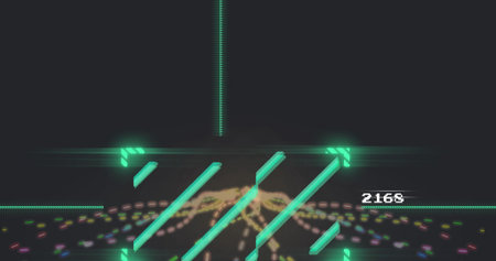 Displaying six neon cyan bars crossing green crosshair in digital interface, with pastel particles. Futuristic, technology, abstract, vibrant, cyber, interface, holographicの写真素材