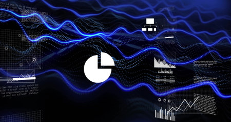 Flowing data stream moving sideways in digital interface, with pie chart, line graph, grid overlays....