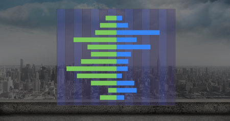 Floating panel showing chart on concrete terrace edge with green blue bars overlooking skyscrapers. Futuristic, technology, data visualization, urban, innovation, professional, minimalistの写真素材