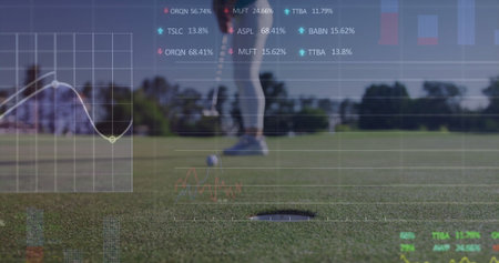 Lining up golfer in sportswear putting ball toward hole on green, with translucent financial charts....