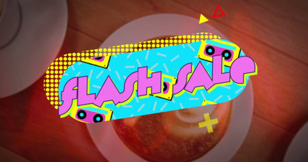 Displaying FLASH SALE banner across wooden table, with coffee cups, latte art, cassette tape icons....