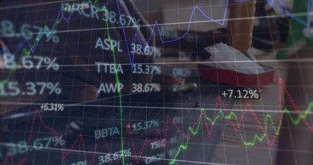 Holding smartphone in man's hand and viewing stock charts at cafÃ© table, coffee mug, napkins....