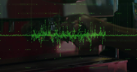Barista operating espresso group head, holding portafilter at coffee counter, with waveform overlay....