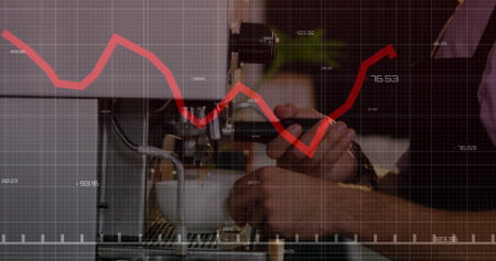 Barista tamping with tamper into portafilter at cafe espresso machine, white cup and graph overlay....