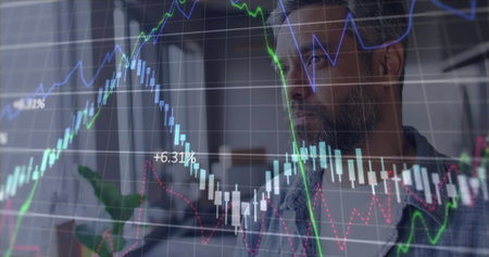Analyzing bearded man in checked shirt tracking candlestick charts on display in office, copy space....