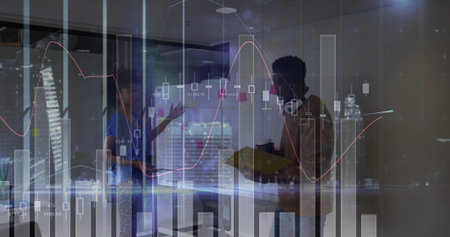 Gesturing professionals discussing bar graphs on glass walls in office with yellow folder, skyline....