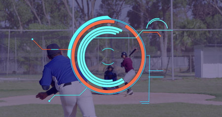Winding up pitcher pitching on mound, with batter gripping bat and catcher wearing mitt, copy space. Athletics, sports, teamwork, competitive, outdoor, dynamic, disciplineの写真素材