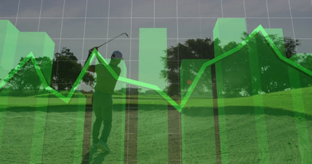 Golfer wearing polo shirt swinging club on golf course fairway, with green 3D charts overlay. Athletic, leisure, professional, outdoor, modern, visualization, performanceの写真素材