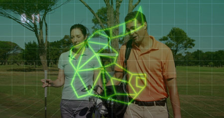 Mature couple golfers wearing polos walking fairway, carrying golf clubs and golf bag. Sport,...