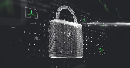 Floating wireframe padlock hovering in cyberspace, with alphanumeric code streams and green icons....