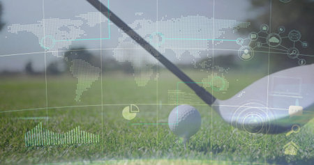 Displaying golf club head aligning behind golf ball on tee at golf course, with data overlay. Athletic, precision, futuristic, analytics, outdoor, sport, technologyの写真素材