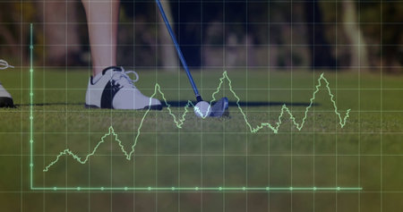 Showing golfer's legs and putter head aligning behind golf ball on putting green, with data overlay. Sports, precision, analytics, outdoor, performance, leisure, trainingの写真素材