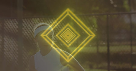 Tennis player gazing left in sunlit outdoor court with white visor, sleeveless top, neon overlay. Athlete, sports, fitness, outdoor, activewear, competitive, sunlightの写真素材