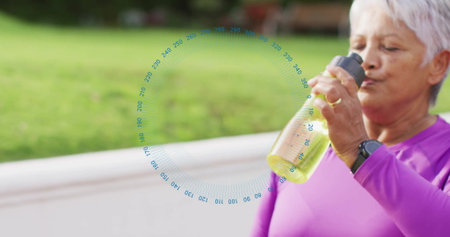 Drinking woman in purple top sipping water bottle on park bench, with digital overlay, copy space....