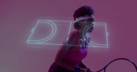 Posing tennis athlete wearing pink top holding racket in magenta studio with neon court overlay. Sports, fitness, modern, vibrant, athleticism, energy, technologyの写真素材