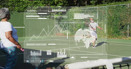 Swinging male player returning ball on outdoor tennis court with analytics overlays, copy space. Athletics, competition, fitness, motivation, outdoor, digital, performanceの写真素材