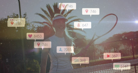 Holding racket, wearing visor, tennis player standing by net on court, social media icons floating. Athlete, sport, outdoor, fitness, summer, activity, modernの写真素材