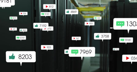 Displaying server racks streaming engagement icons in data center corridor, with cables and ducts....
