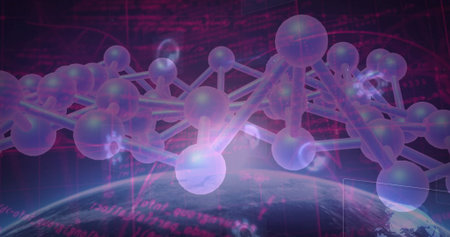 Hovering molecular structure of spheres and rods over Earth arc in space, with digital code streams. Futuristic, digital, technology, network, connectivity, sci-fi, abstractの写真素材