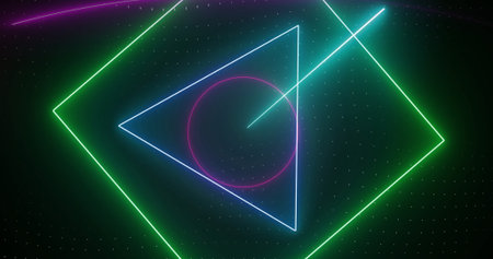 Showing neon green diamond, blue triangle, magenta circle intersecting cyan beam on grid interface....