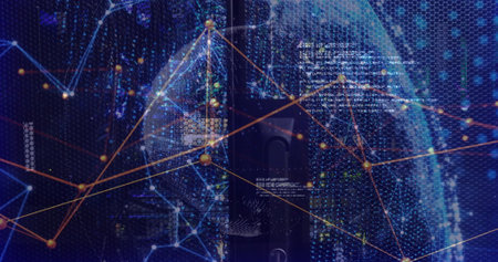 Rotating digital globe visualizing data over glowing network nodes in data center server rack....