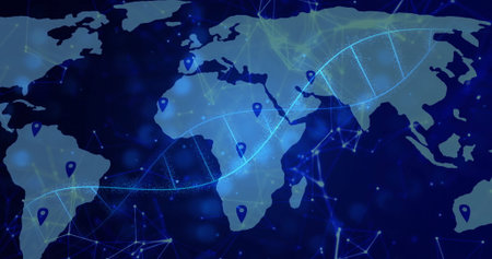 Displaying neon-blue DNA double helix spanning interface, with world map network lines and pins....