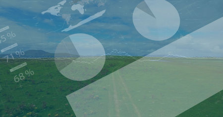 Overlaying pie charts, bar, world map with percent labels on grassland with dirt road, ph testing. Landscape, data visualization, analytical, eco-friendly, infographic, rural, modernの写真素材