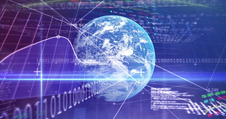 Rotating stylized Earth globe hovering at digital interface, with binary code, line graph overlays. Futuristic, digital, global, technology, analytics, data visualization, cyberの写真素材