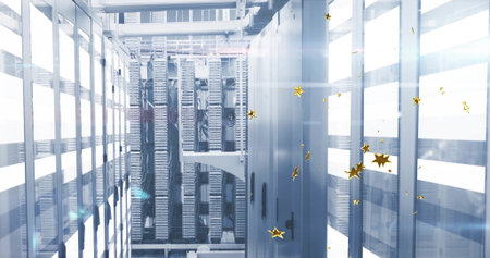 Server racks lining data center aisle under LEDs, with cables, cable-trays and golden-star-confetti....