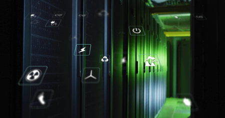 Glowing LED-lit server racks illuminating server room aisle on raised floor, with floating icons. Technology, data, cybersecurity, futuristic, digital, industrial, innovationの写真素材