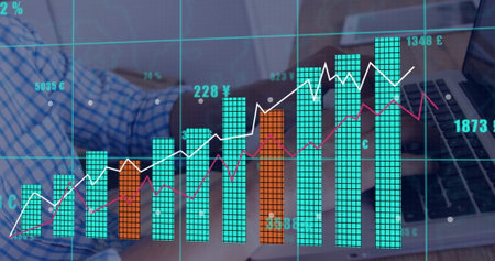 Typing businessman in checkered shirt using laptop at wooden desk, with financial bar chart overlay....