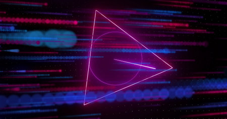 Showing glowing neon pink triangle on screen with circle and diagonal line, streaks and matrix dots....